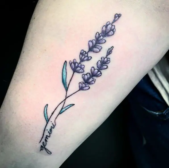 Purple Lavender and Green Leaves Tattoo with a Text