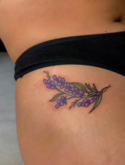 Purple Lavender with Green Leaves Thigh Tattoo