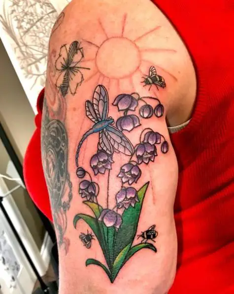 Purple Lily of the Valley Flowers Tattoo with Dragonfly