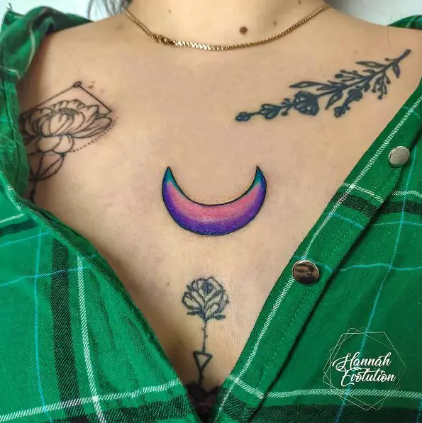 Purple and Blue Crescent Moon Chest Tattoo