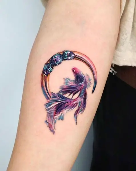 Realistic Betta Fish and Moon Tattoo