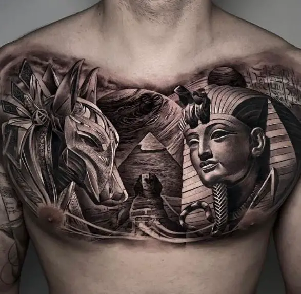 Realistic Egyptian Theme Tattoo on Chest