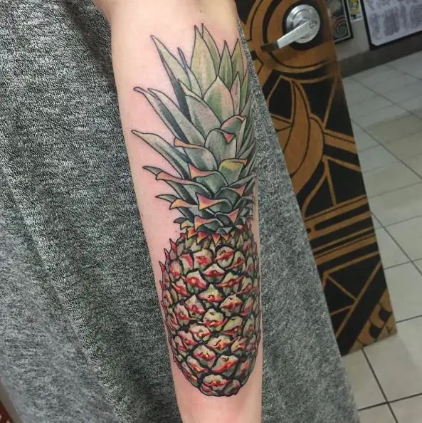 Realistic Pineapple Forearm Tattoo