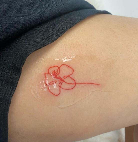 Red Fineline Hibiscus Flower Tattoo