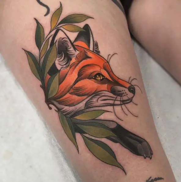 Red Fox and Green Plant Leg Tattoo