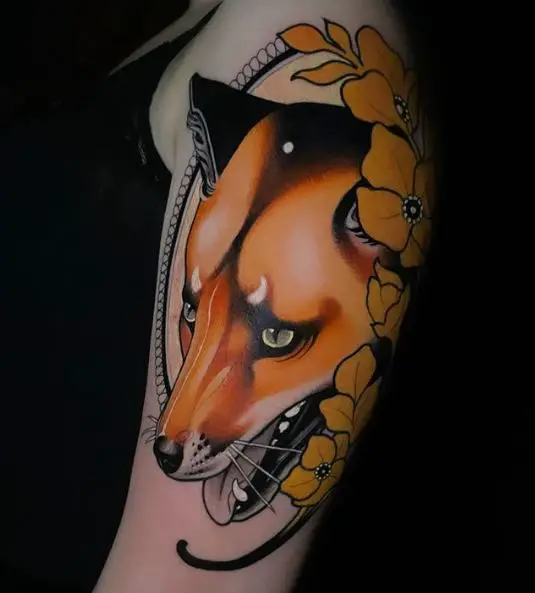 Red Fox with Yellow Flowers Tattoo on Arms