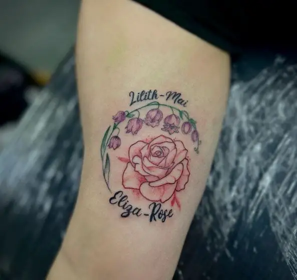 Red Rose and Lily of the Valley Floral Tattoo with Names