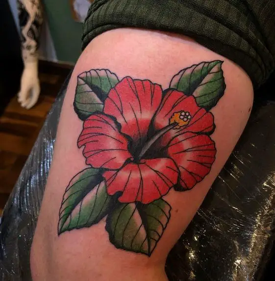 Red and Green Hibiscus Flower Arm Tattoo