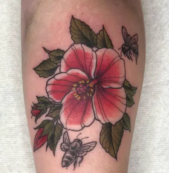Red and Green Hibiscus and Bees Tattoo