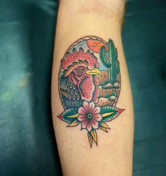 Rooster, Cactus Plant and Floral Tattoo Piece