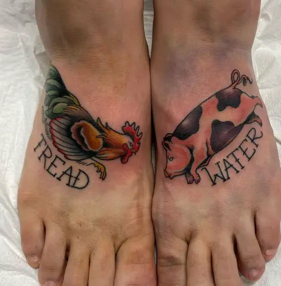 Rooster and Pig Color Tattoo on the Feet