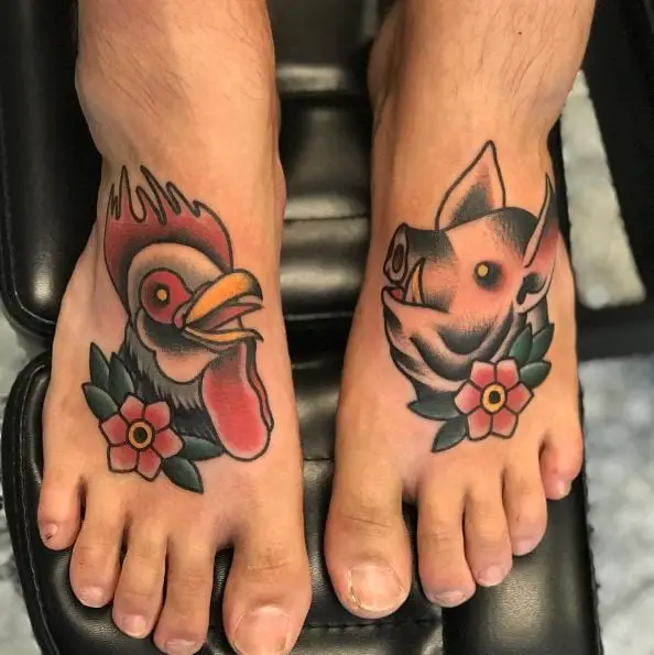 Rooster and Pig Floral Tattoo Piece