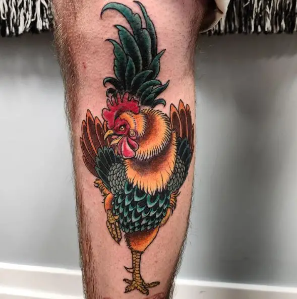 Rooster with Long Curved Tail Feather Leg Tattoo