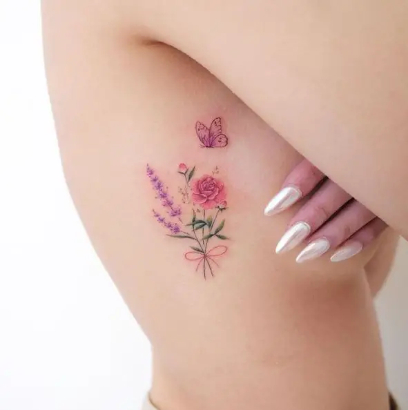 Rose and Lavender Tattoo with a Butterfly