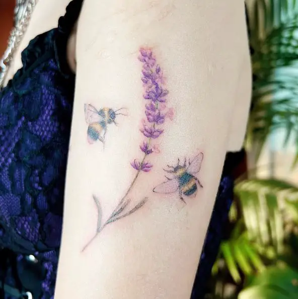Shaded Lavender and Two Bees Tattoo