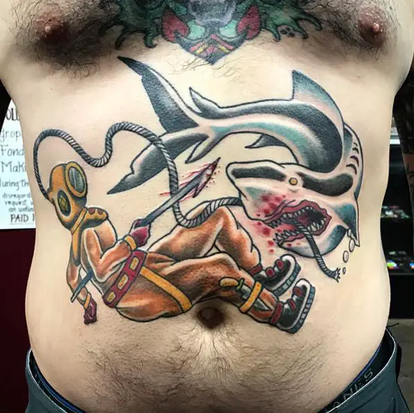 Shark and Diver Battle Tattoo