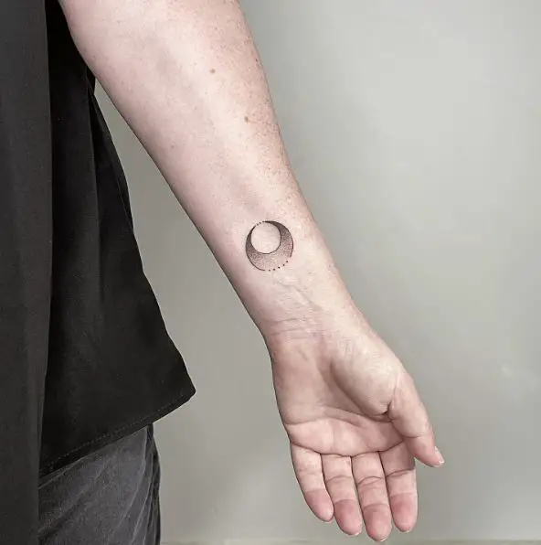 Simple Greyscale Crescent Moon Wrist Tattoo