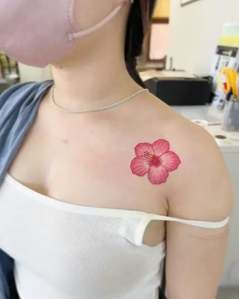 Single Pink Hibiscus Flower Shoulder Tattoo
