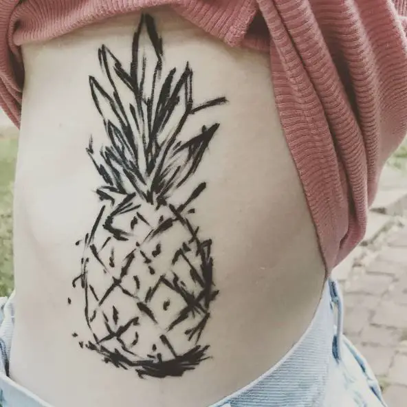 Sketchy Spin Pineapple Tattoo on Ribs