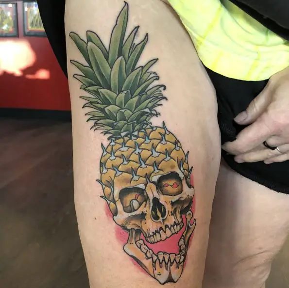 Skull Pineapple Thigh Tattoo