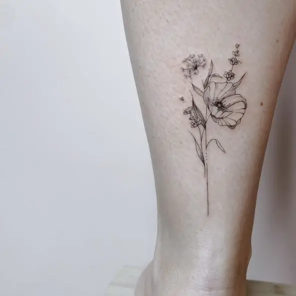 Small Poppy, Lavender and Dandelion Bouquet Tattoo