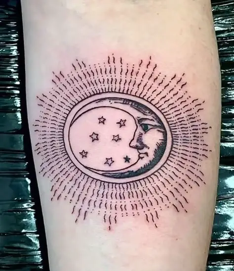 Sun Crescent Moon Face and Stars Tattoo Piece