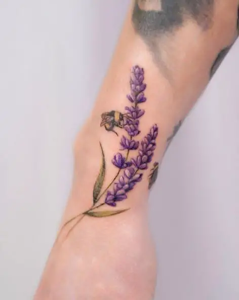 Tattoo Of A Bee Sitting On Purple Lavender Flower