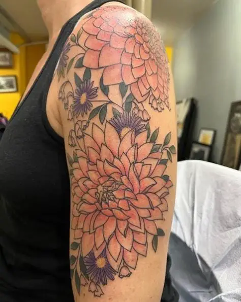 Tattoo of Chrysanthemum, Lily of the Valley and Asters