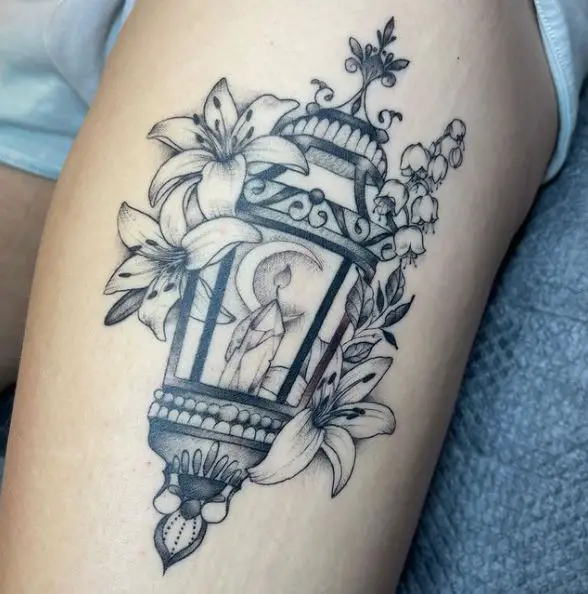 Tattoo of Hibiscus, Lily of the Valley and Candle
