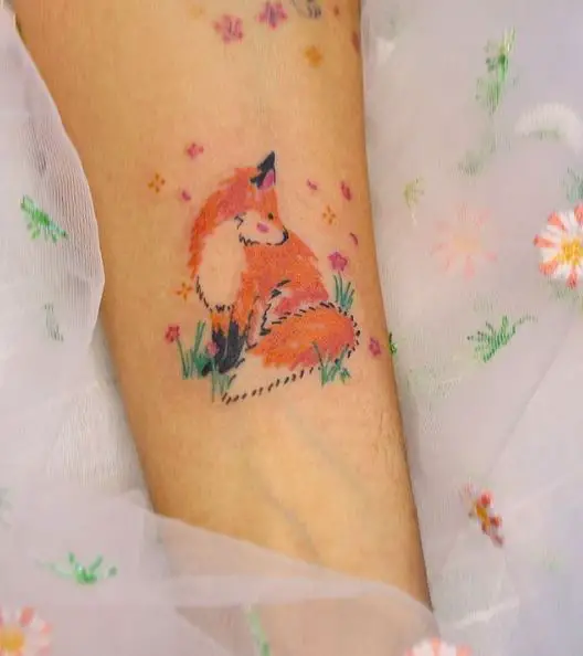 Tattoo of Red Fox in a Flower Garden