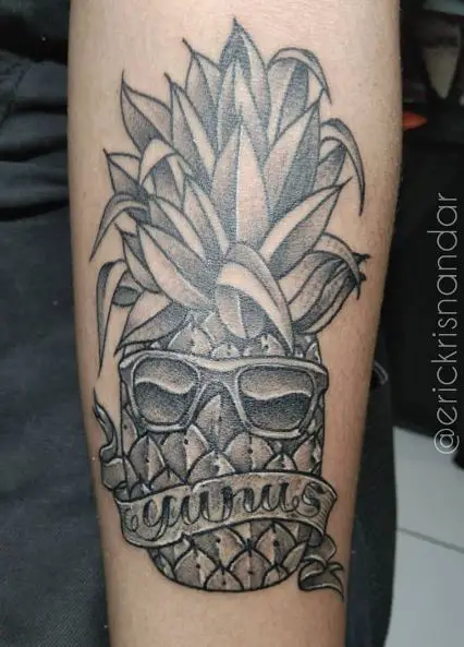 Tattoo of a Name and Grey Shade Pineapple Wearing Glasses
