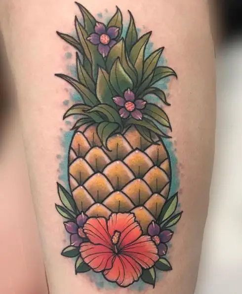 Tattoo of a Pineapple, Hibiscus and Tiny Purple Flowers