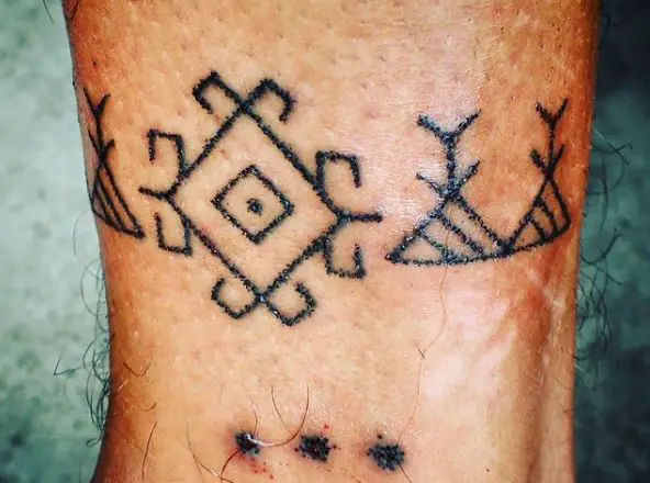 Three Dots, Crab Symbol and Mountain Ankle Tattoo