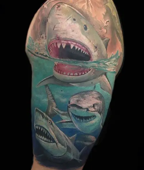 Three Sharks Underwater Tattoo Art