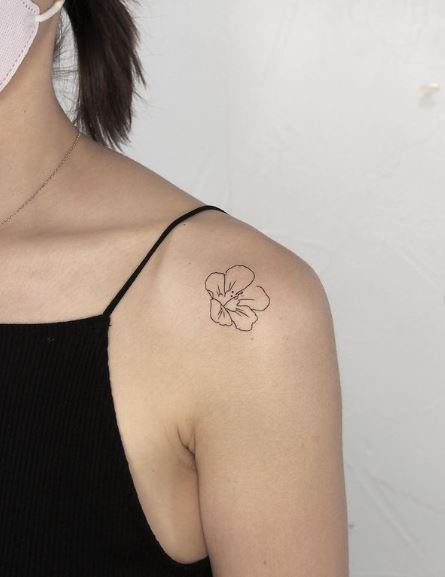 Tiny Hibiscus Flower Shoulder Tattoo