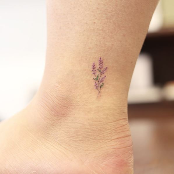 Tiny Lavender Floral Ankle Tattoo