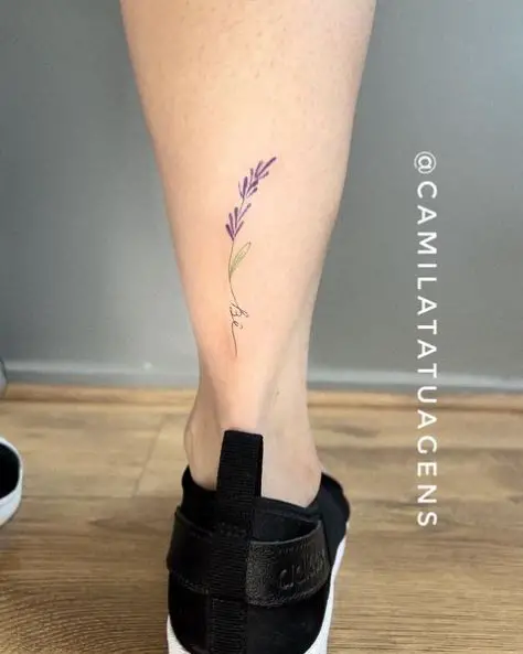 Tiny Purple Lavender Leg Tattoo