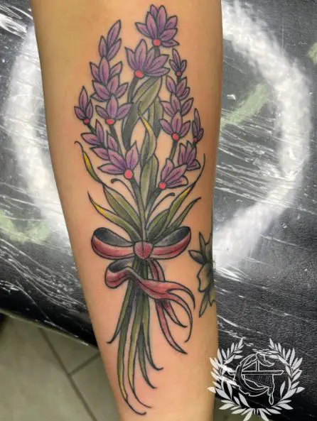 Traditional Lavender Bouquet Forearm Tattoo