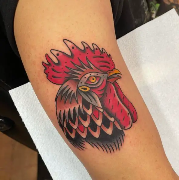 Traditional Rooster Face Arm Tattoo