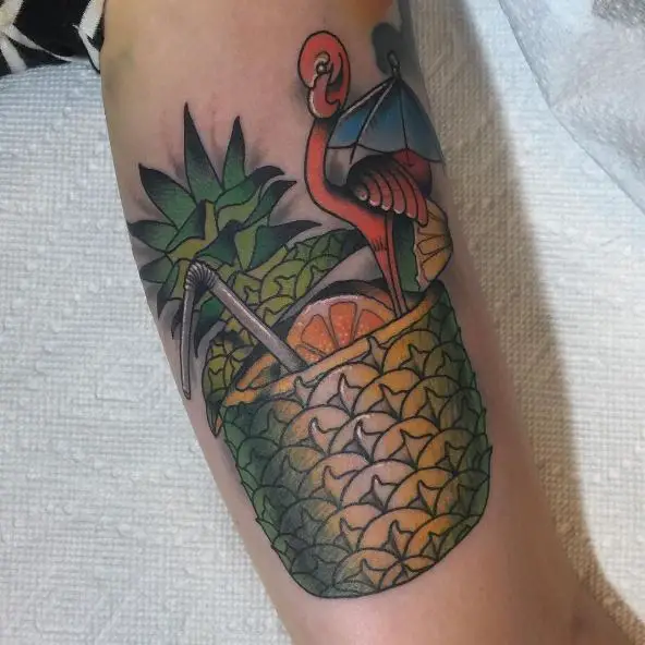 Tropical Tattoo of a Pineapple Cup with Orange Slice and a Swan Bird