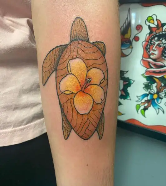 Turtle and Hibiscus Flower Tattoo