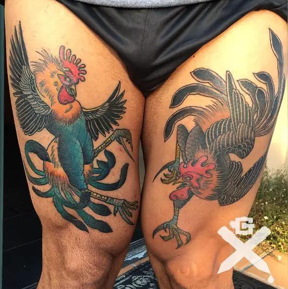 Twin Fighting Roosters Thigh Tattoo