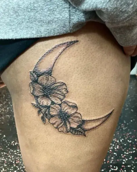 Twin Flowers and Crescent Moon Thigh Tattoo