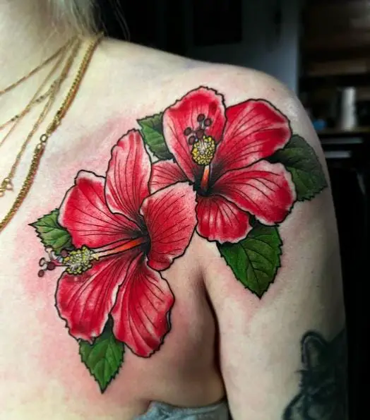 Twin Red Hibiscus Flowers Tattoo