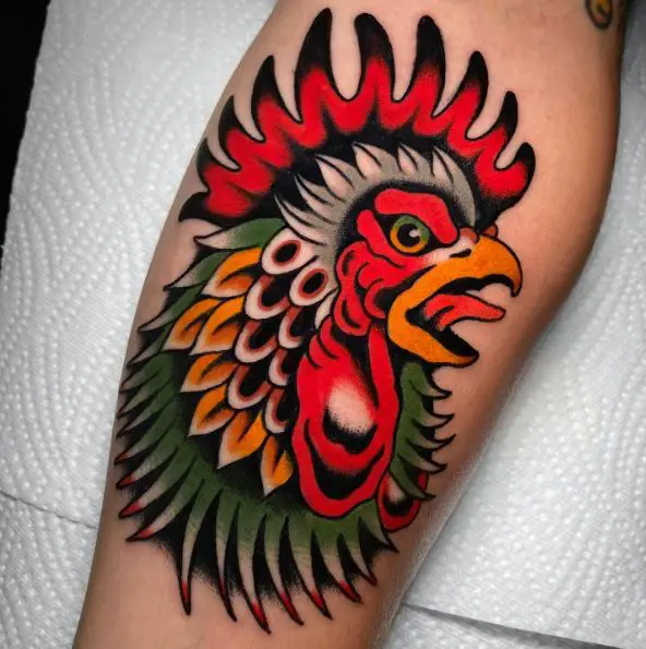 Vibrant Colors Rooster Head Tattoo