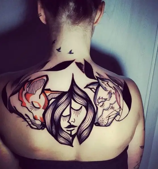 Woman Face Between Fox Faces Tattoo Art