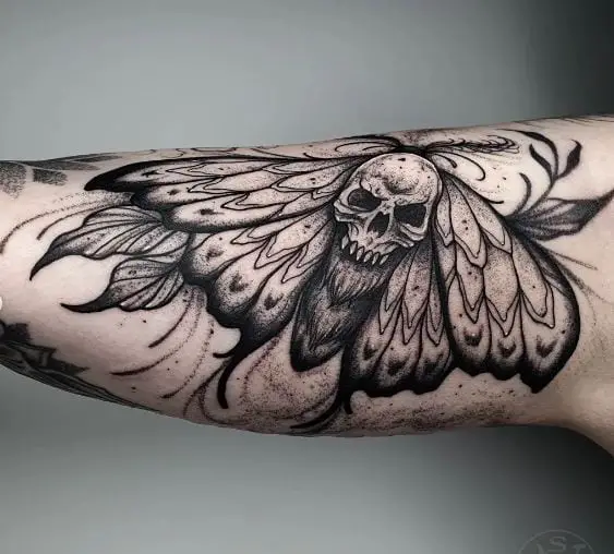 Black Death Moth Biceps Tattoo