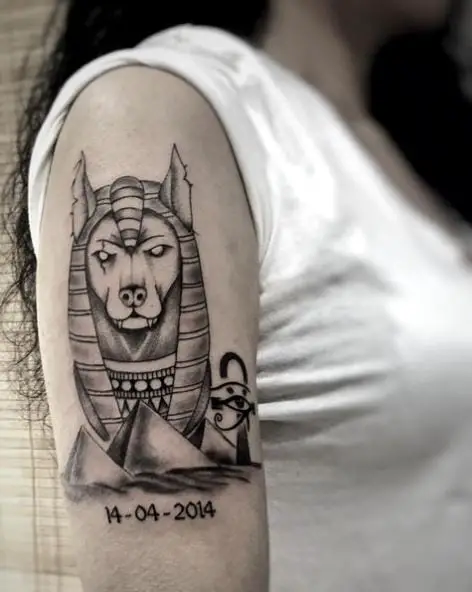 Anubis with Pyramids and Ankh Arm Tattoo