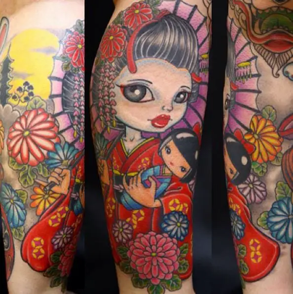 Colorful Flowers and Maiko Geisha Arm Tattoo