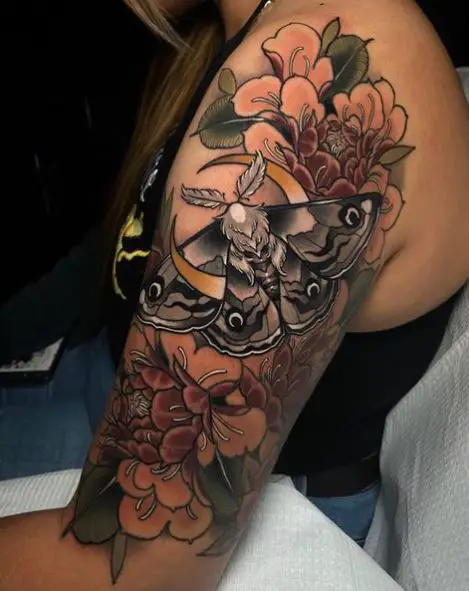 Colorful Flowers and Death Moth Arm Tattoo